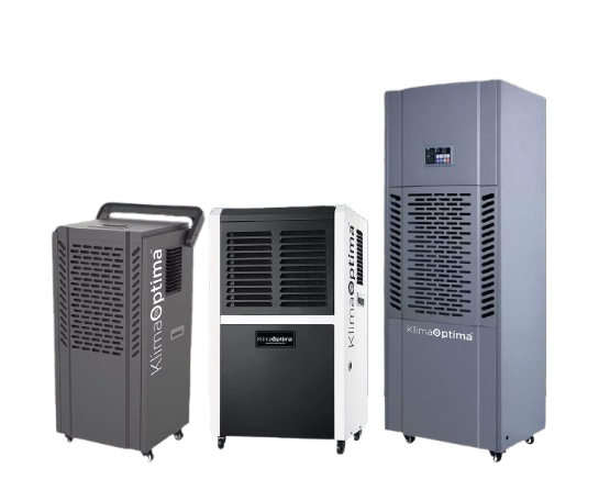 KlimaOptima industrial dehumidifier range for warehouse humidity control and mold prevention.