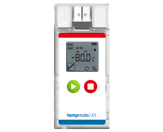 Tempmate-C1 dry ice temperature data logger displaying -80°C for pharma cold chain monitoring.