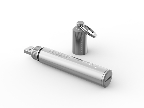 Freshliance Iron Tag 1 rugged stainless steel USB temperature data logger.