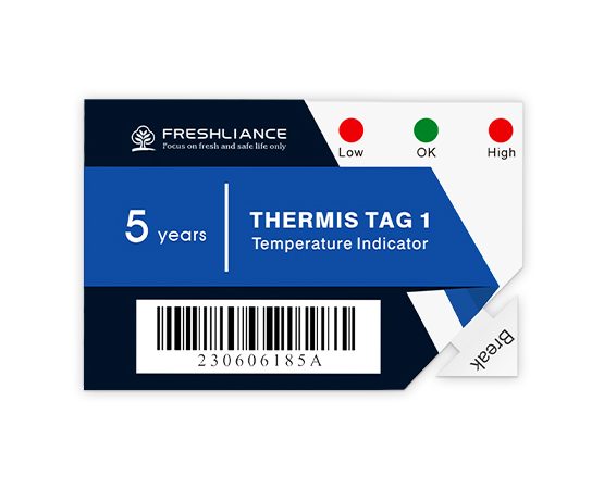 Freshliance Thermis Tag 1 electronic temperature indicator with LED alarm for cold chain monitoring.