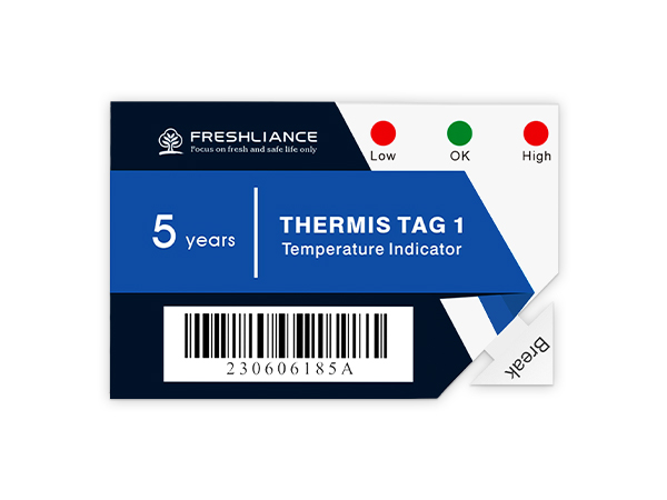 Freshliance Thermis Tag 1 electronic temperature indicator with LED alarm for cold chain monitoring.