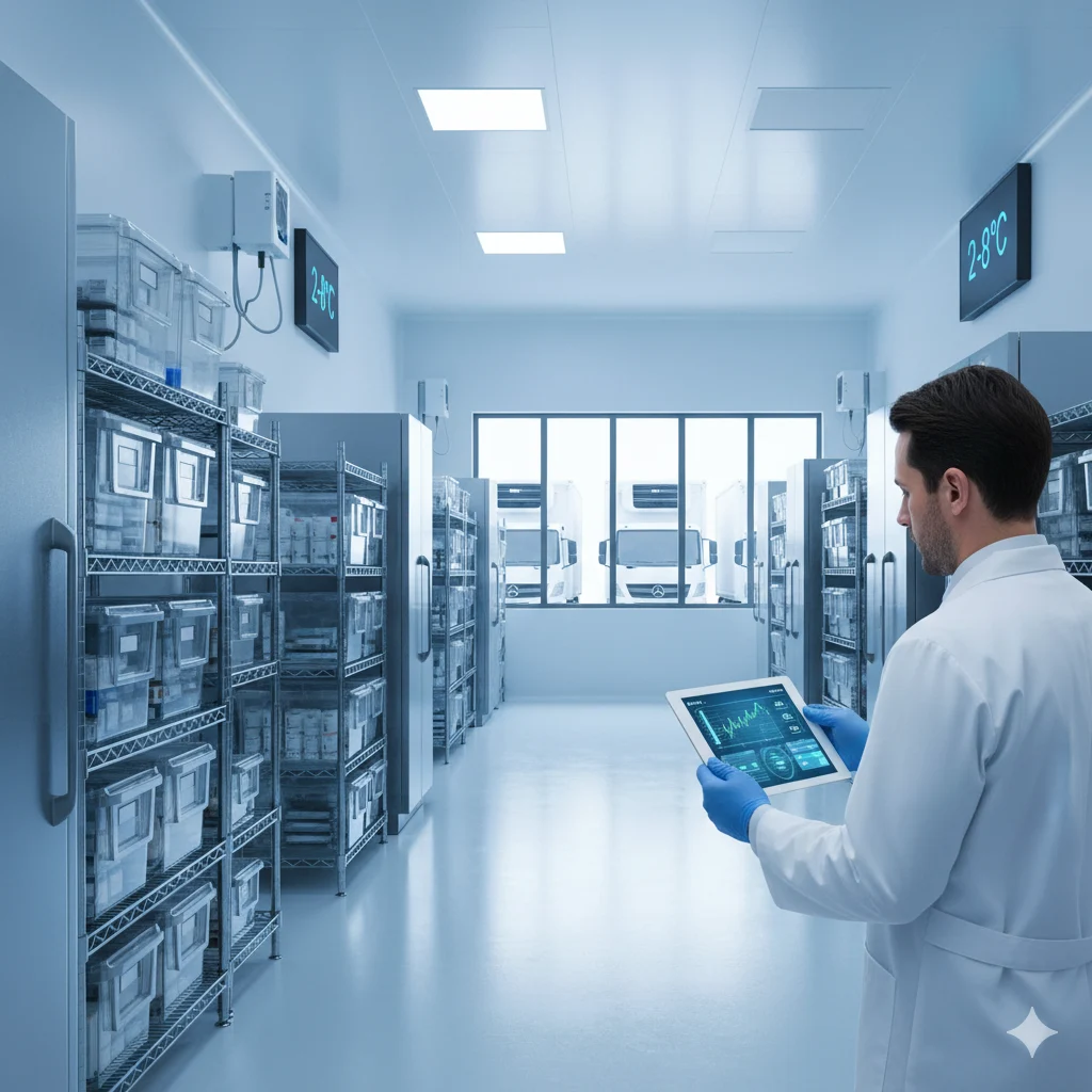 Pharmaceutical cold storage thermal mapping and real-time temperature monitoring on digital tablet.
