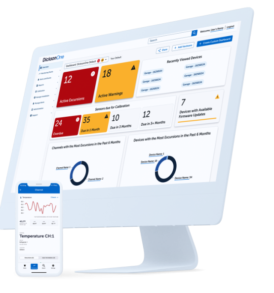 DicksonOne cloud-based environmental monitoring system dashboard on desktop and mobile.