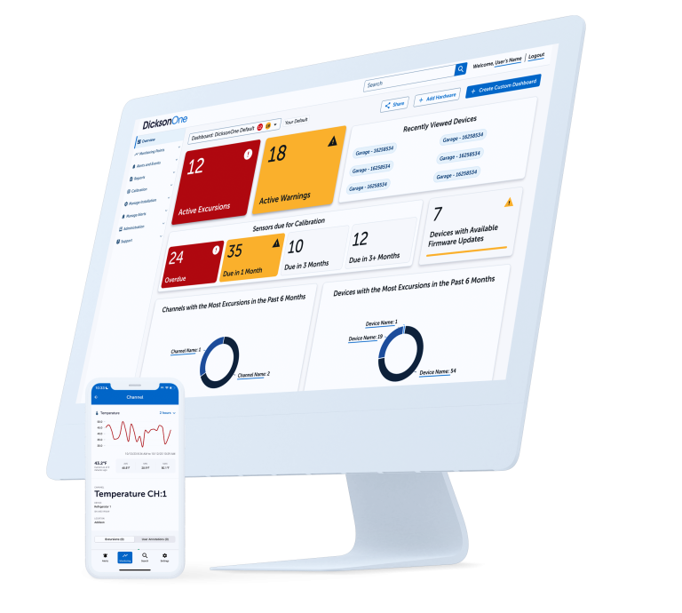 DicksonOne cloud-based environmental monitoring system dashboard on desktop and mobile.
